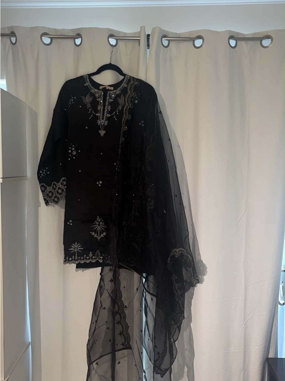 Black Embroidered Women’s Tunic Top with Sheer Dupatta